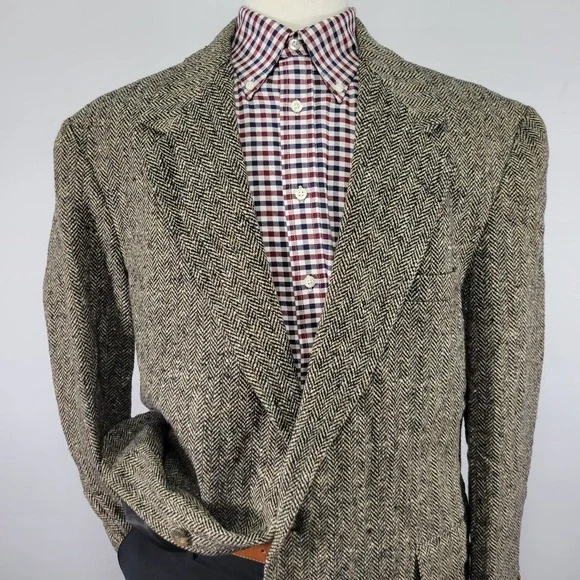 Haggar Mens Sport Coat Blazer Two Button Beige Black Herringbone City Casual 46R